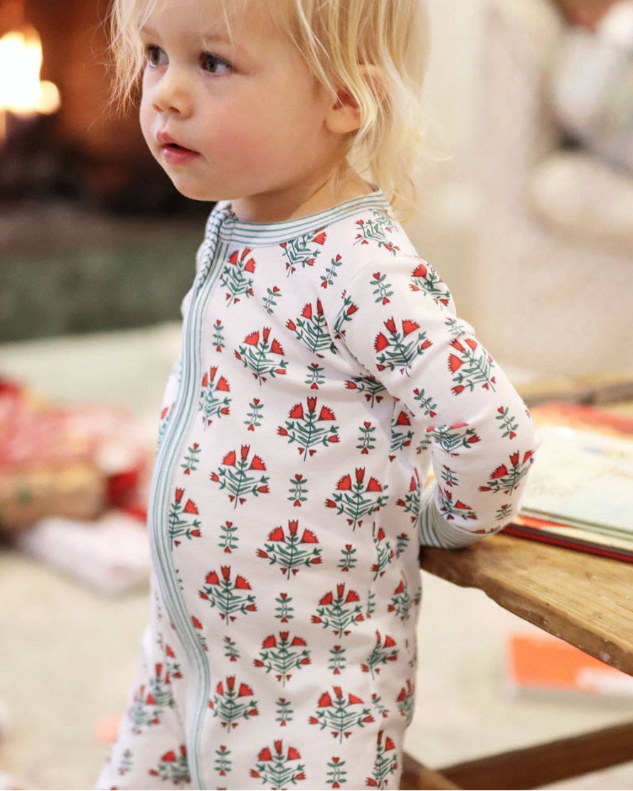 Poinsettia Block Print Zip Baby Onesie