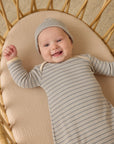 Quincy Mae Knotted Baby Gown + Hat Set Steel Blue Micro Stripe