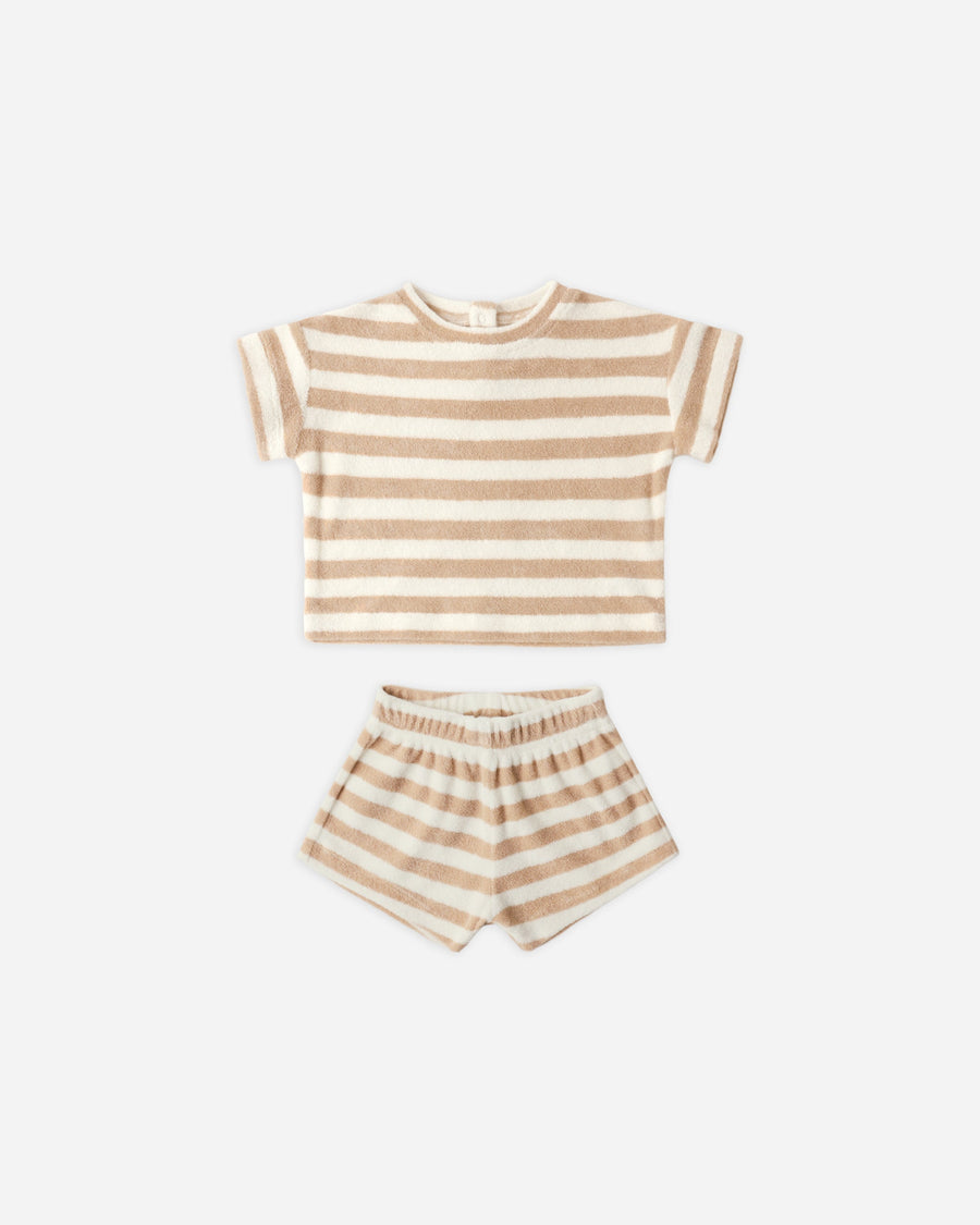 Rylee + Cru Terry Tee & Short Set in Latte Stripe