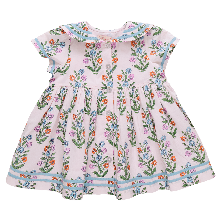 Pink Chicken Girls Elowen Dress in Pink Dewdrop Block Print