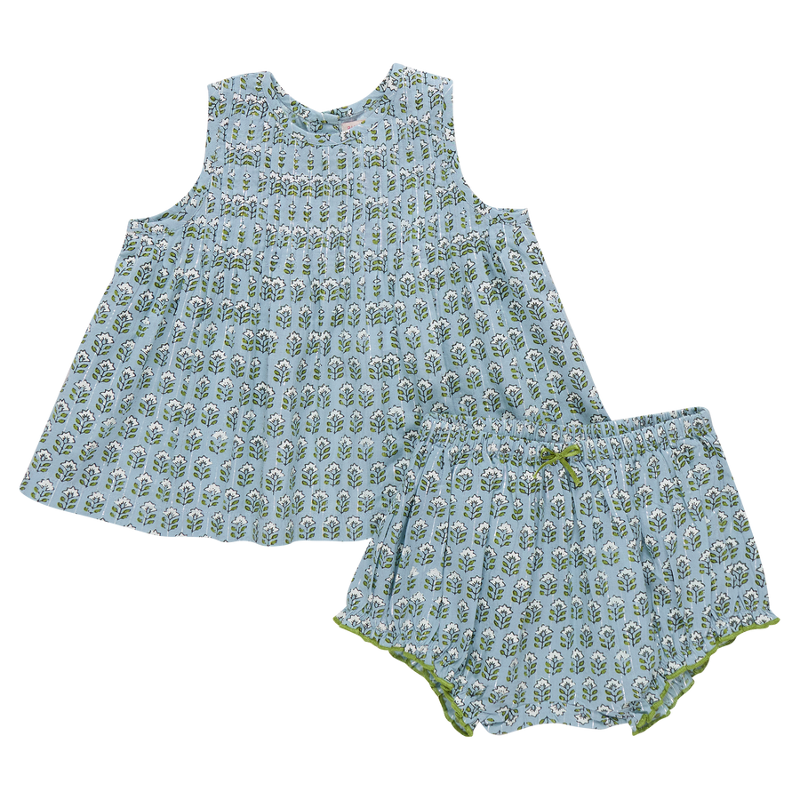 Pink Chicken Baby Girls Jaipur 2 Pc Set in Blue Prairie Block Print
