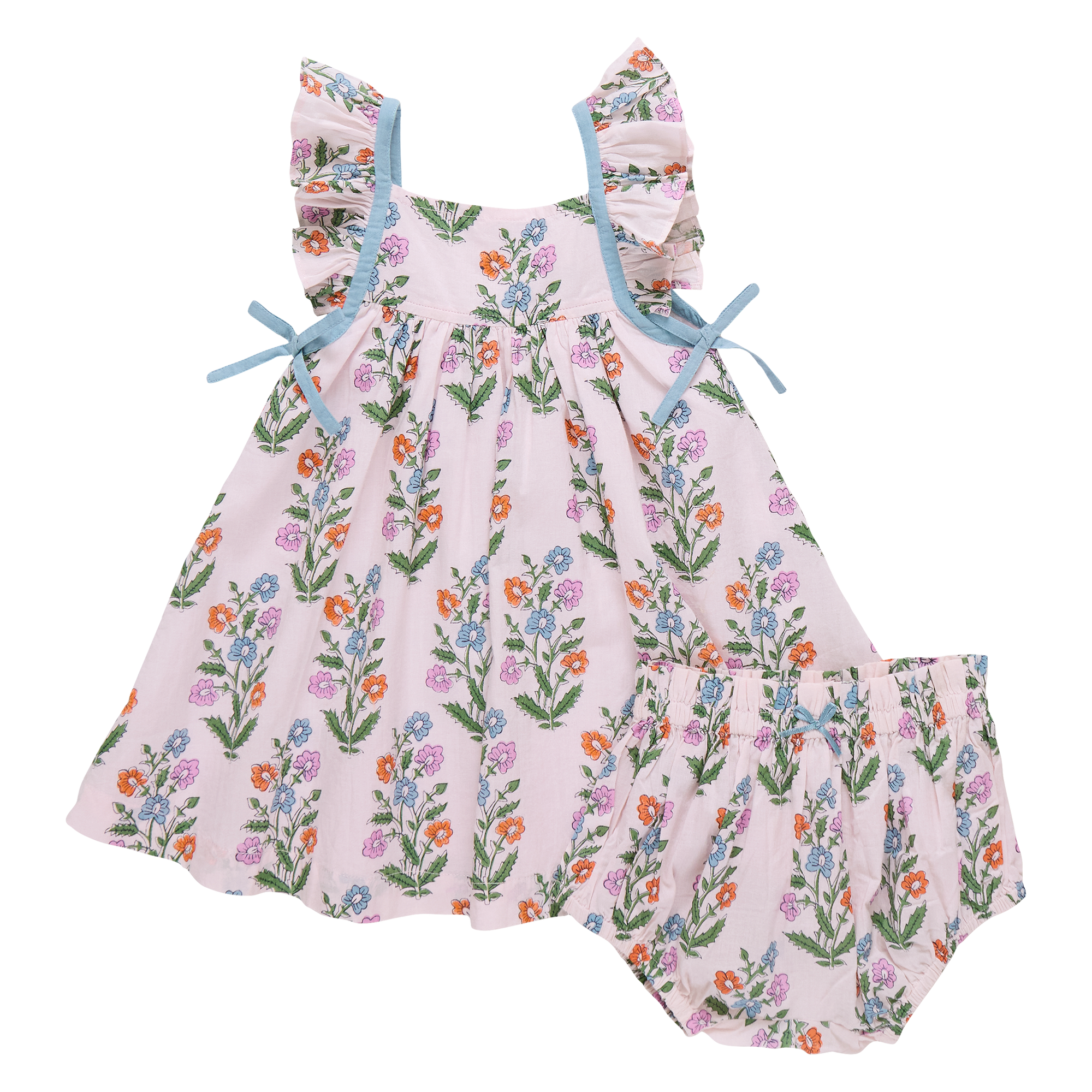 Pink Chicken Baby Girls Ailee Dress Set in Pink Dewdrop Block Print