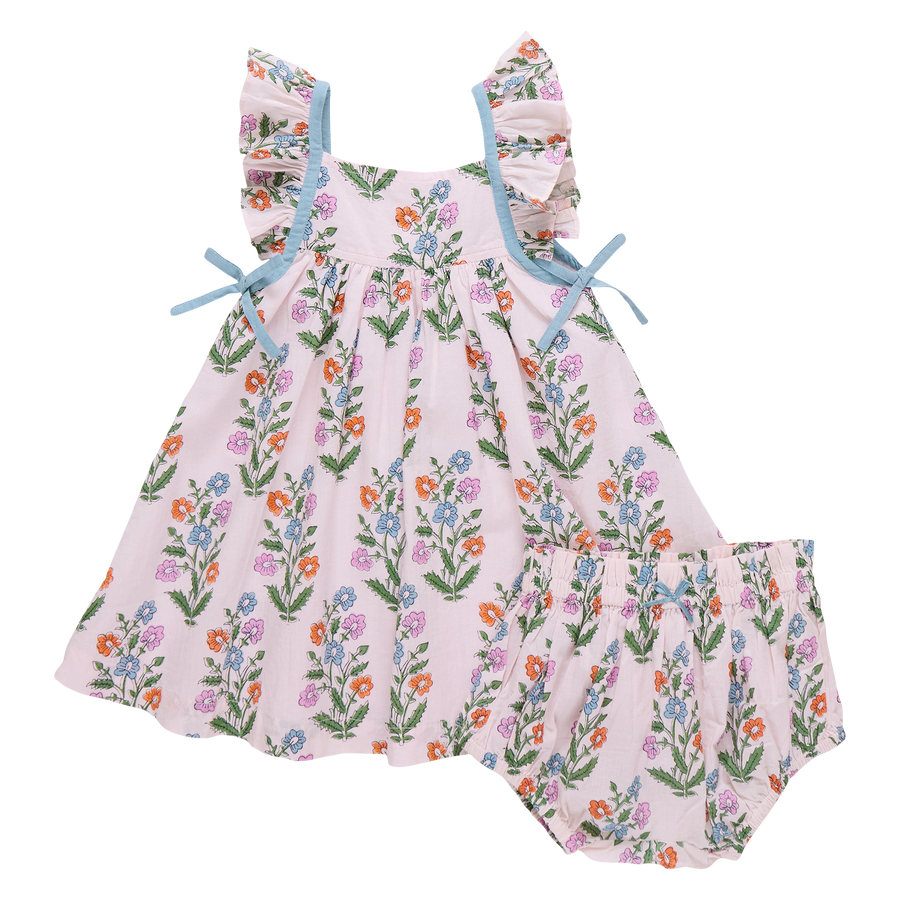 Pink Chicken Baby Girls Ailee Dress Set in Pink Dewdrop Block Print