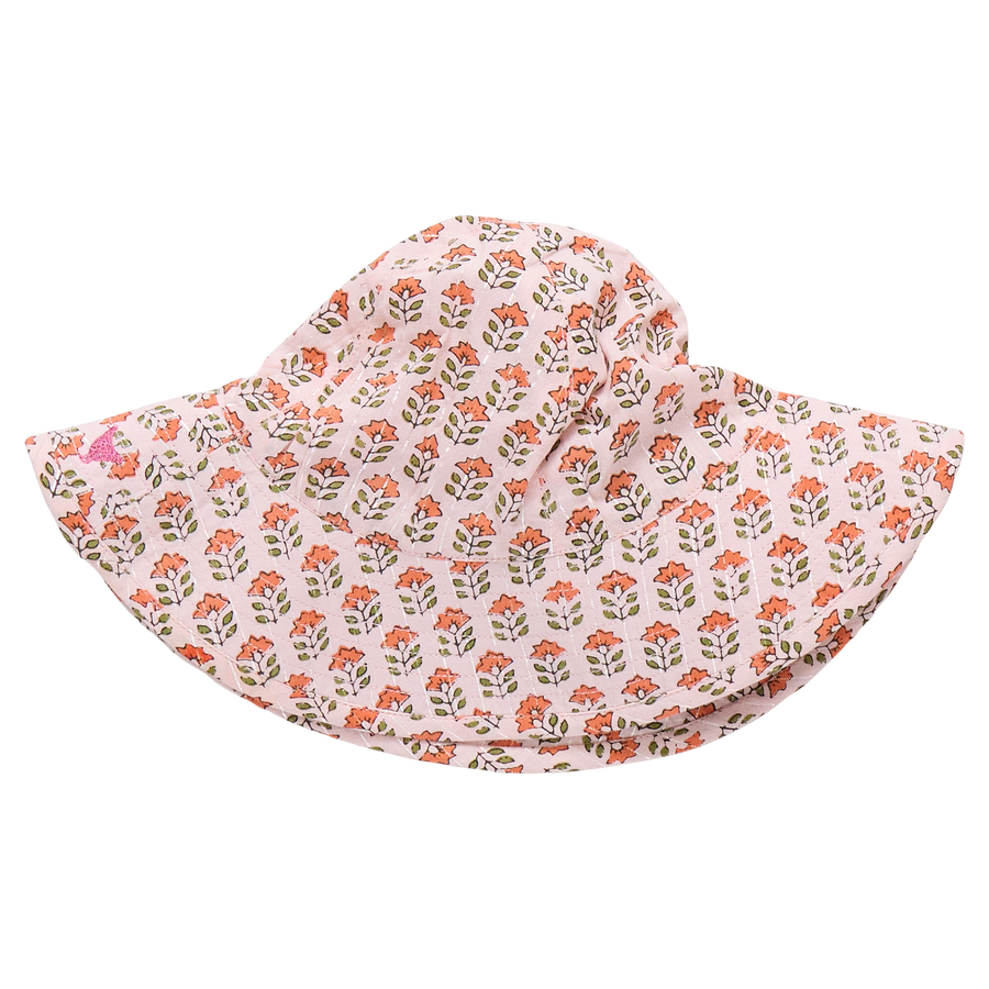 Pink Chicken Baby Girls Sun Hat in Pink Prairie Block Print