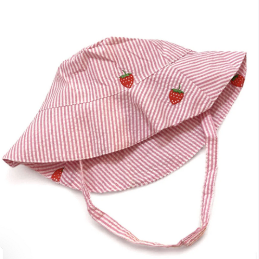 Seersucker with Embroidered Strawberries Baby Bucket Hat