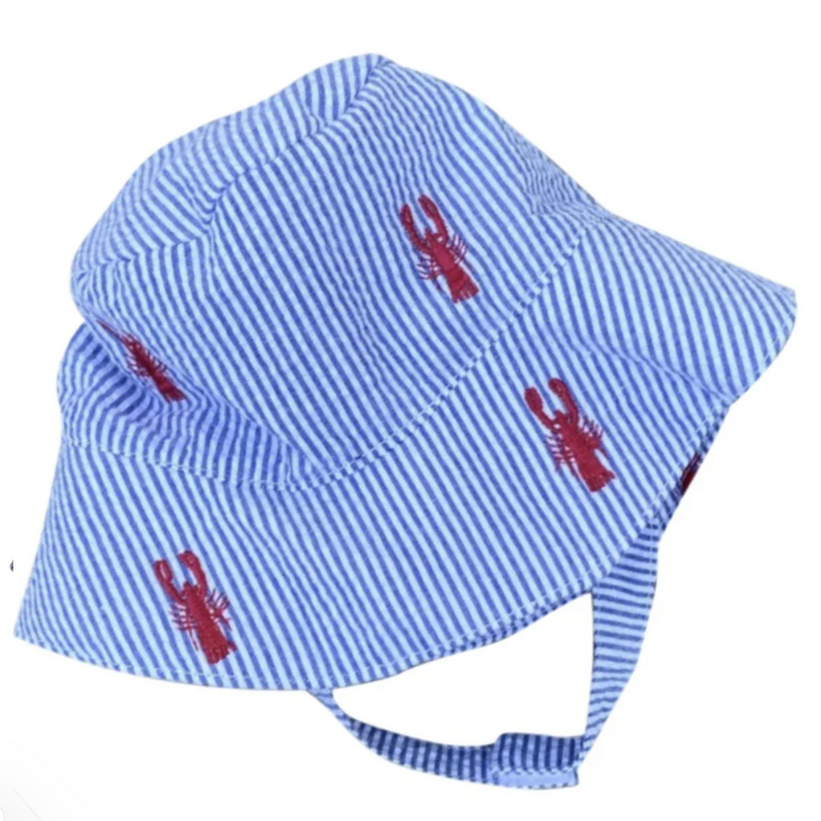 Blue Seersucker with Red Embroidered Lobsters Baby Bucket Hat