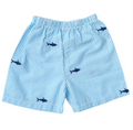 Turquoise Seersucker Shorts with Navy Embroidered Sharks