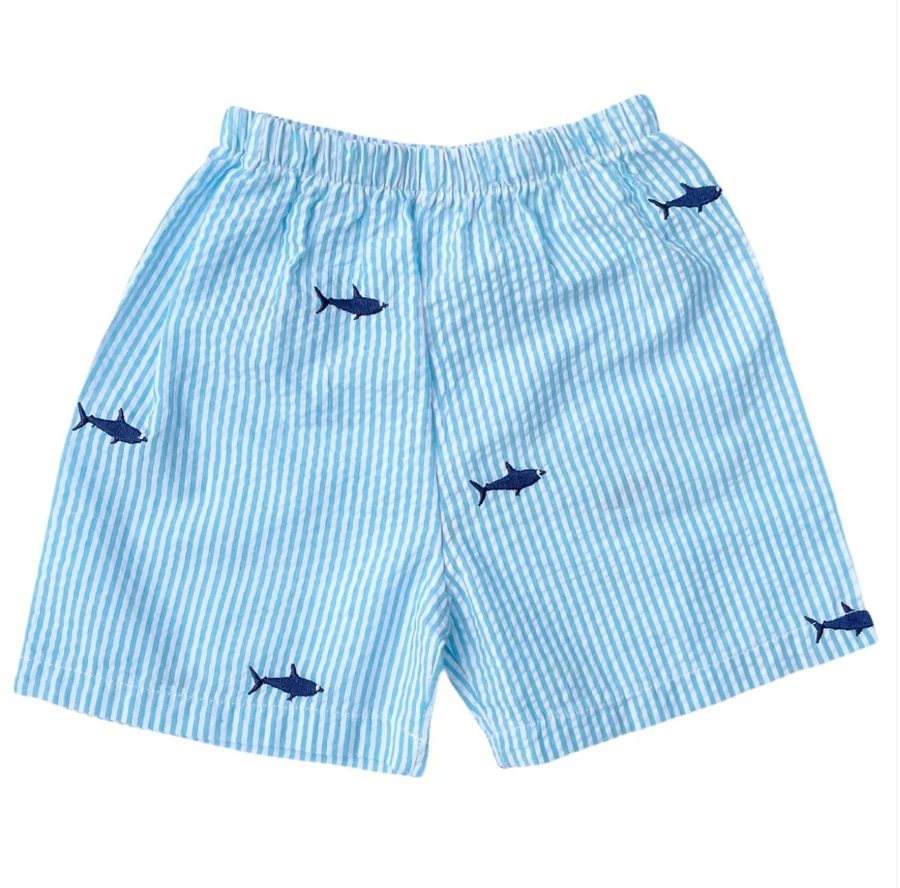 Turquoise Seersucker Shorts with Navy Embroidered Sharks