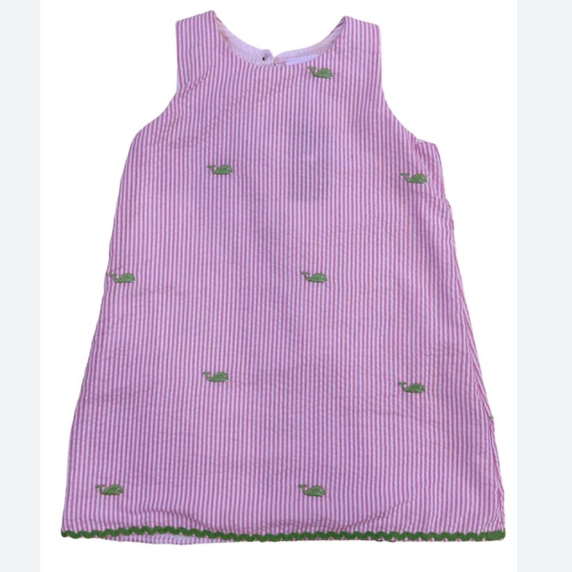 Pink Seersucker Girls Dress with Green Embroidered Whales
