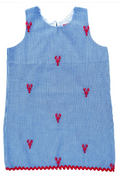 Blue Seersucker Girls Dress with Red Embroidered Lobsters
