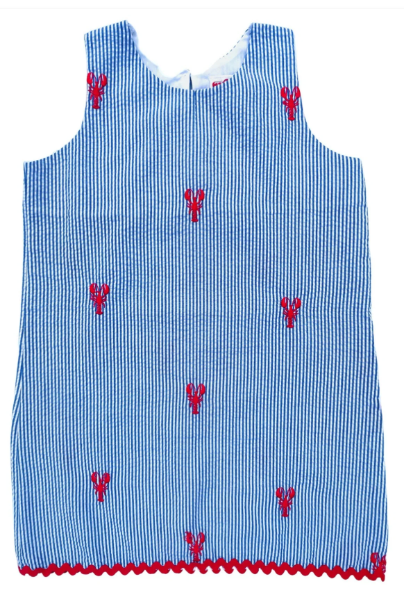 Blue Seersucker Girls Dress with Red Embroidered Lobsters