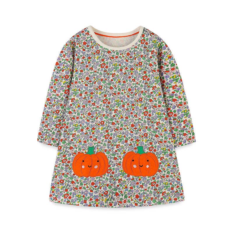 Girls' Floral Princess Dress with Pumpkin Embroidery