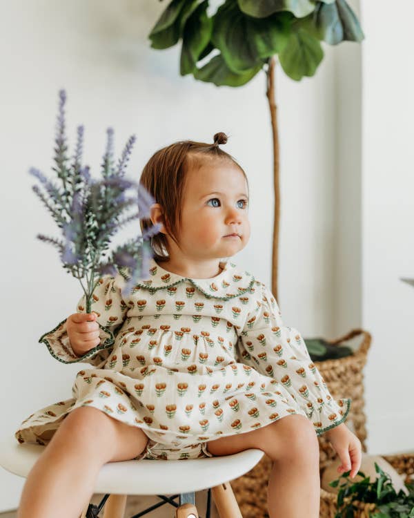 Ina Block Print Floral Baby Dress &amp; Bloomer Set