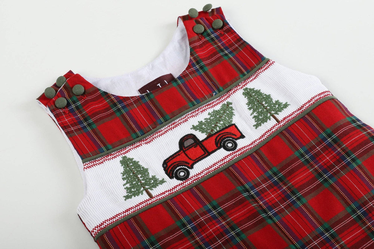 Red Plaid Truck &amp; Tree Smocked Overalls