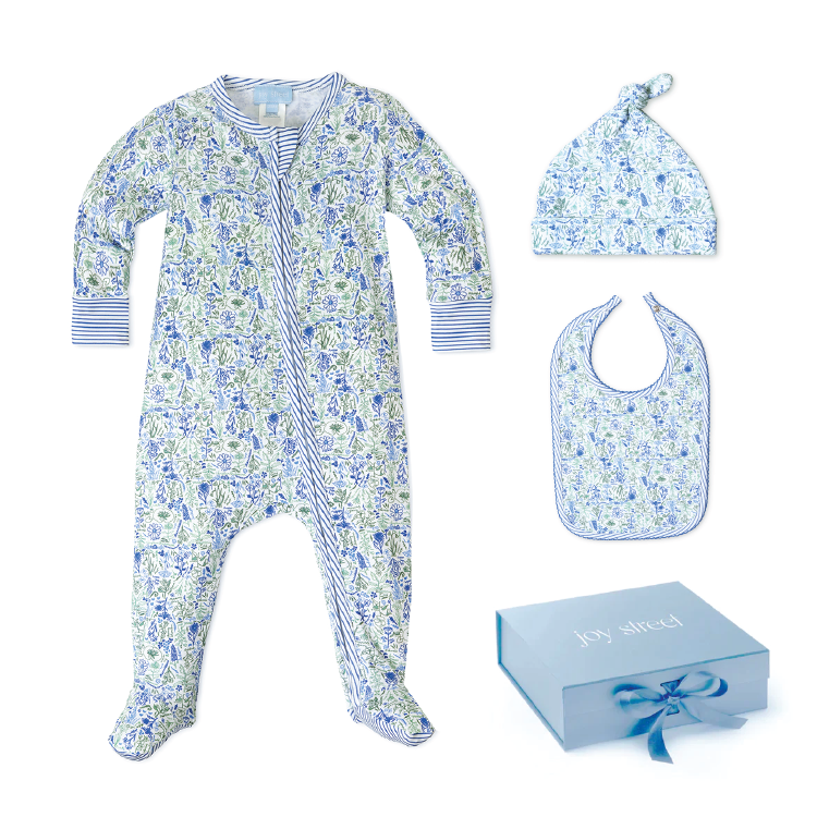 Joy street birth flowers onesie baby bundle with hat and bib