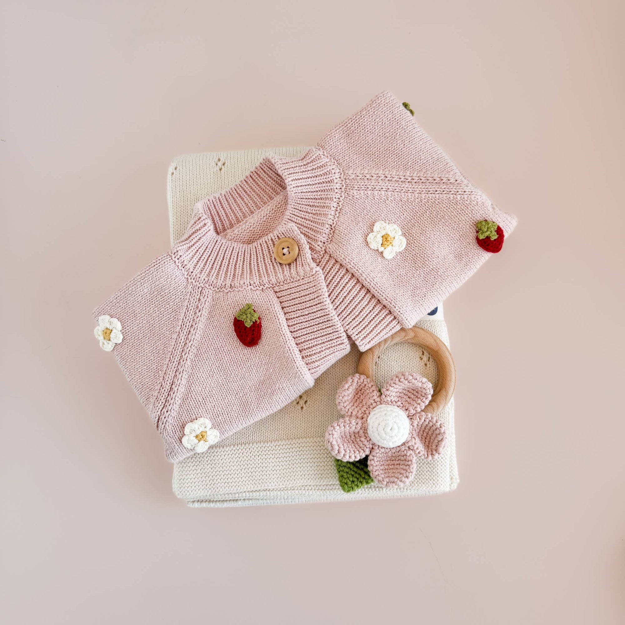 Teether Flower Pink Cotton Crochet Rattle Baby Toy Spring : In Stock