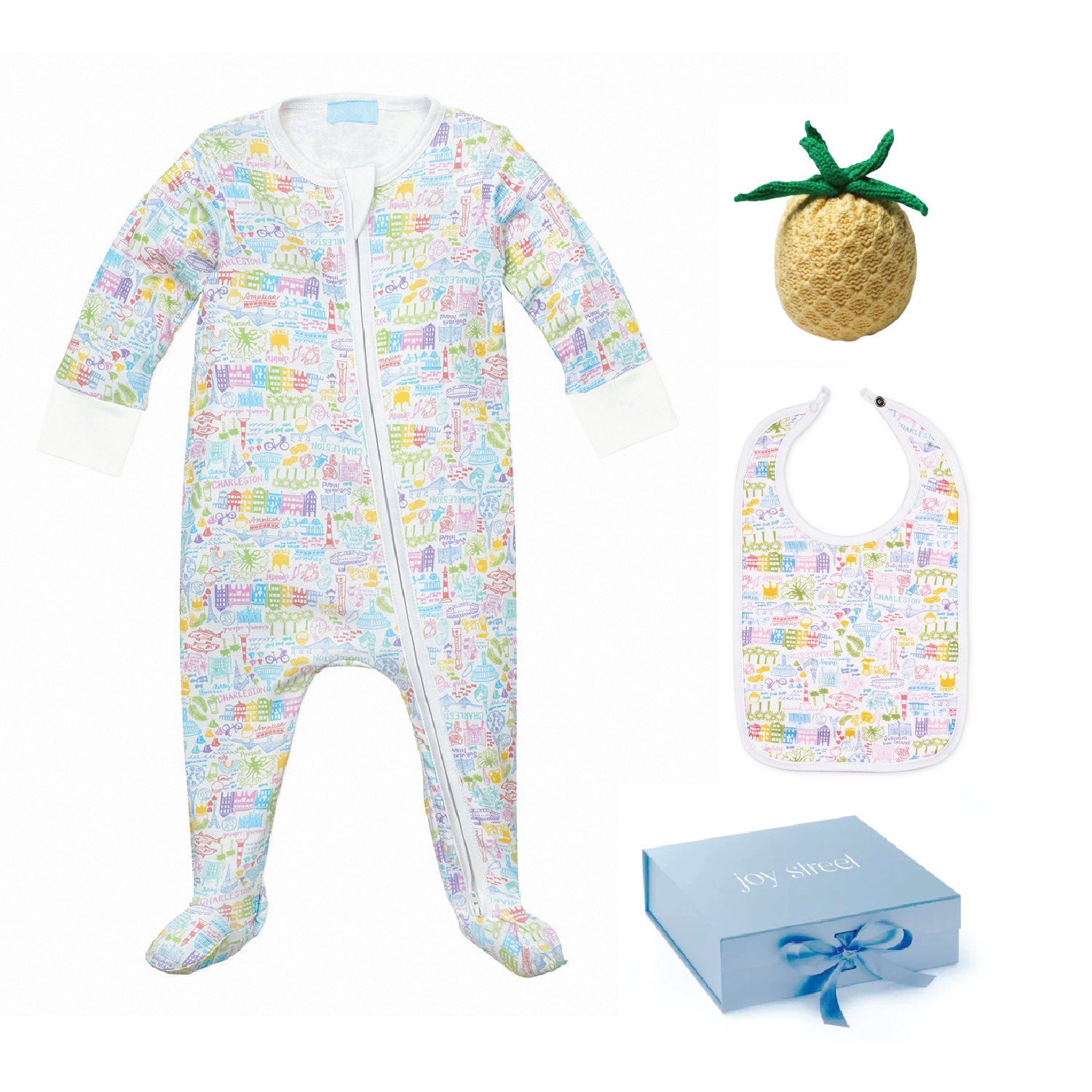 joy street charleston baby gift set with zip onesie, bib &amp; estella pineapple rattle