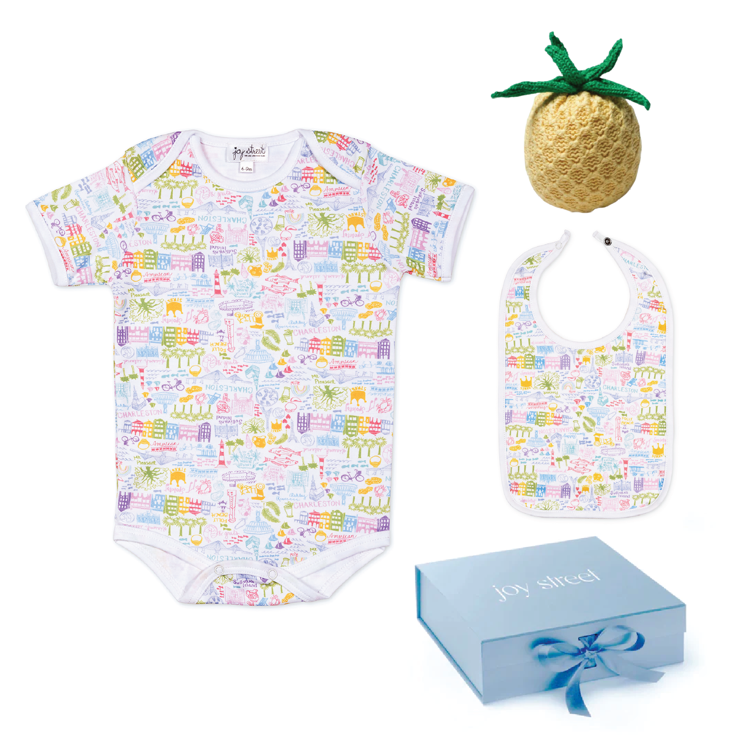 joy street charleston baby gift set with ss bodysuit, bib &amp; pineapple rattel