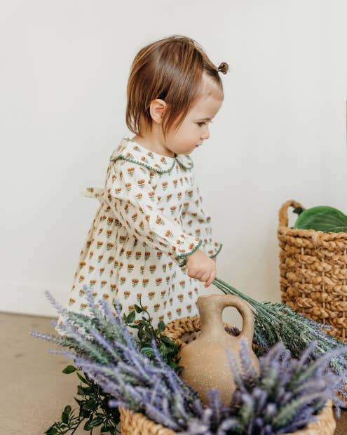 Ina Block Print Floral Baby Dress &amp; Bloomer Set