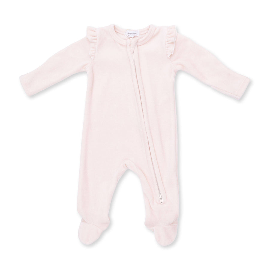 Velour Soft Pink - 2 Way Ruffle Sleeve Zipper Footie