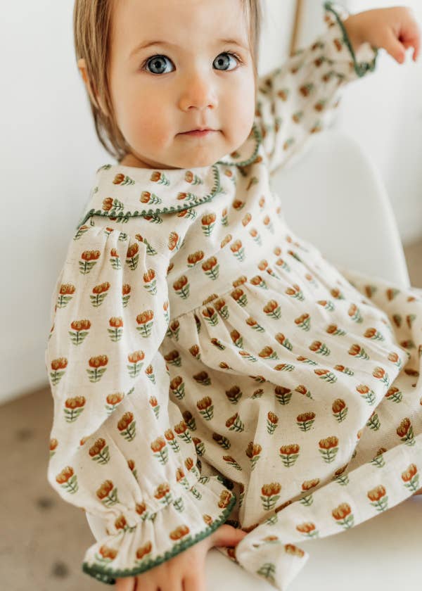 Ina Block Print Floral Baby Dress &amp; Bloomer Set