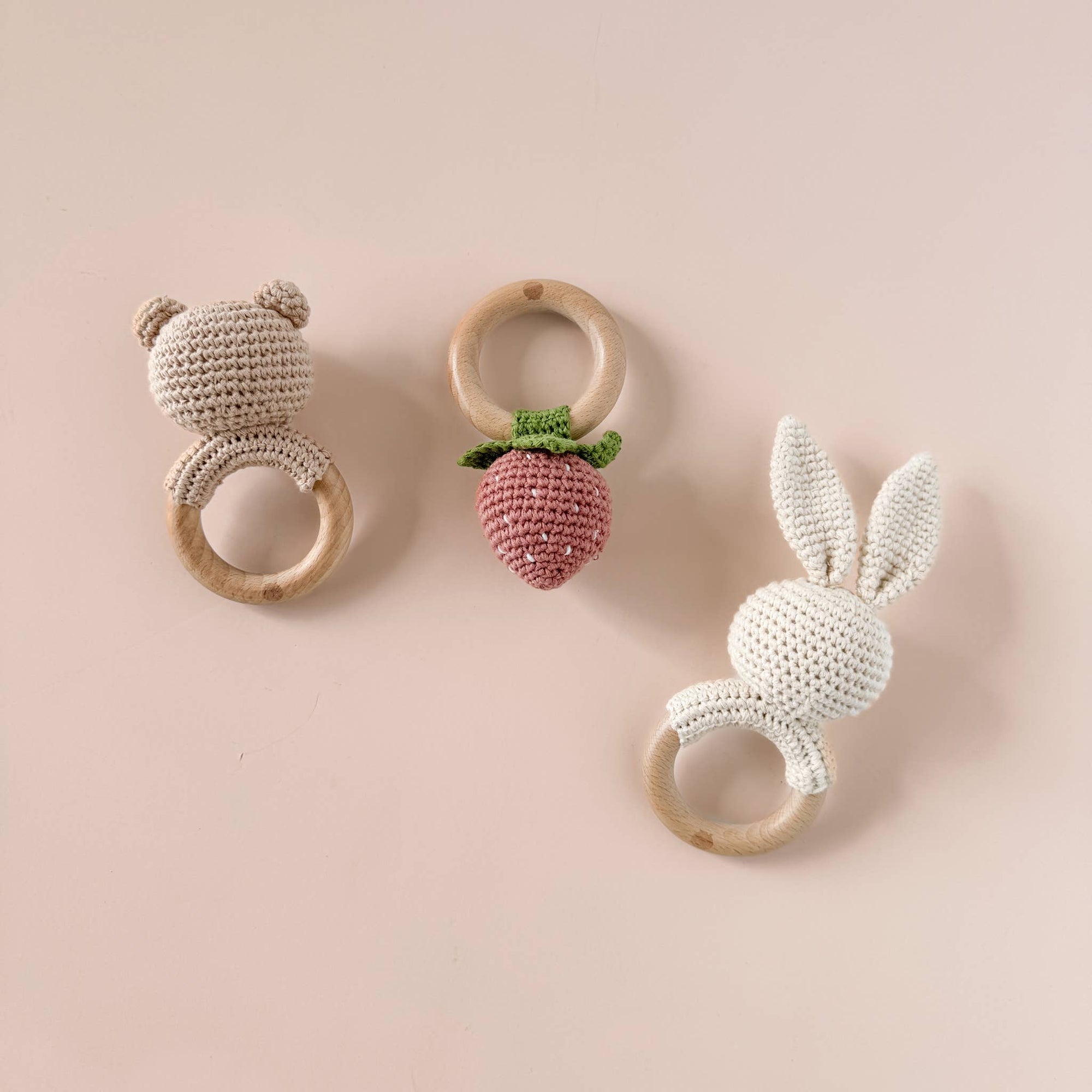 Teether Strawberry Pink Crochet Rattle Baby Toy Spring