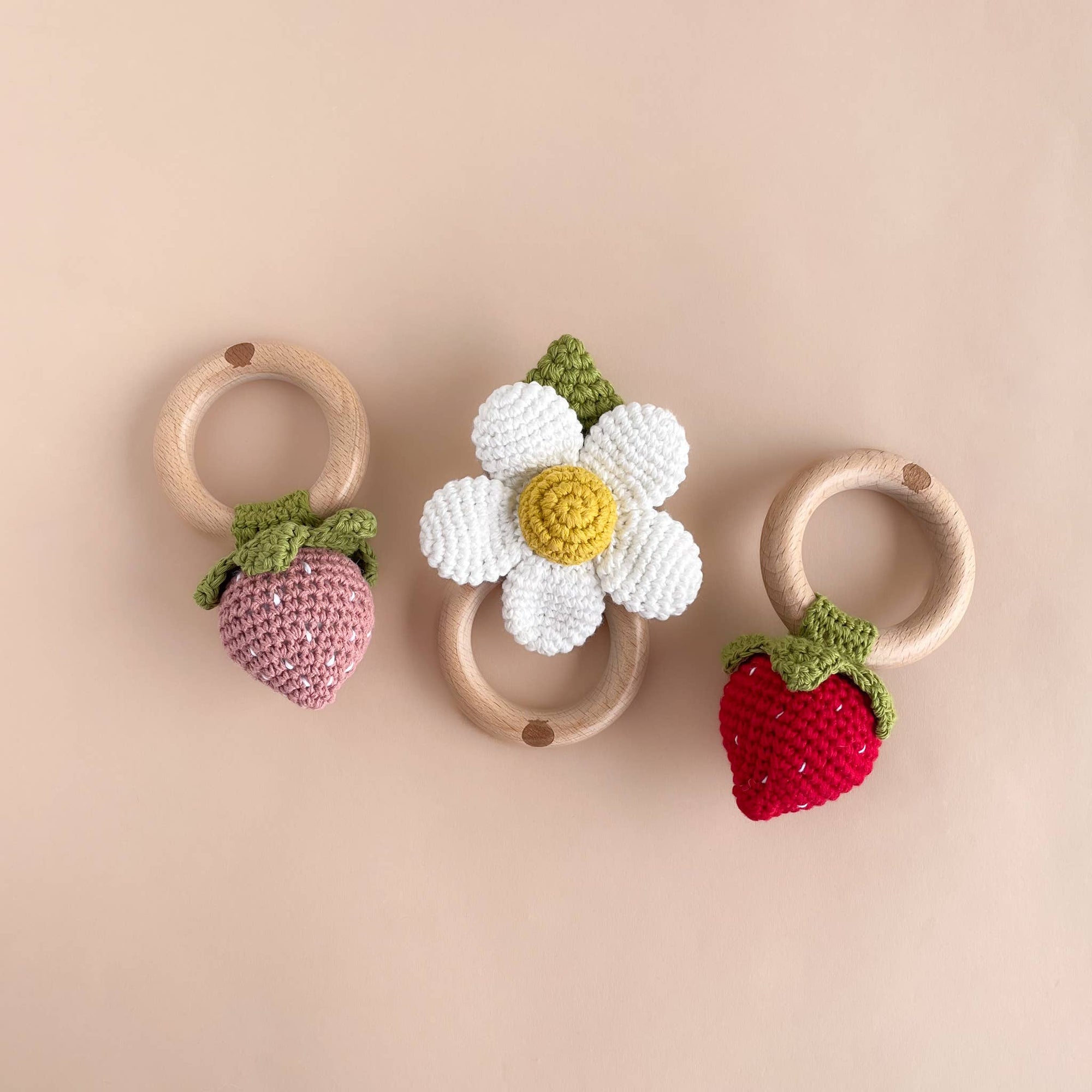 Teether Strawberry Pink Crochet Rattle Baby Toy Spring