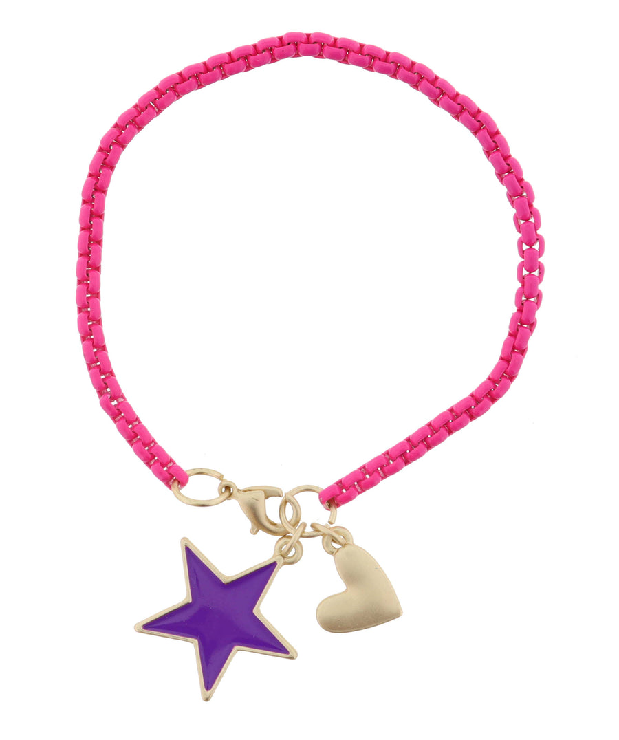 Kids Hot Pink Box Chain with Heart and Purple Star Bracelet