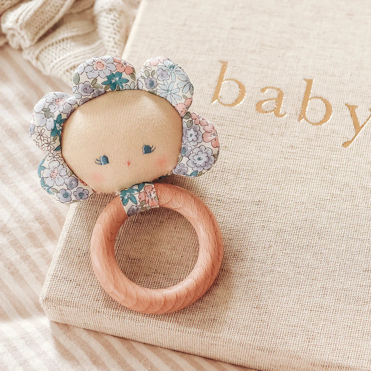 Flower Baby Teether Rattle Liberty Blue Alimrose