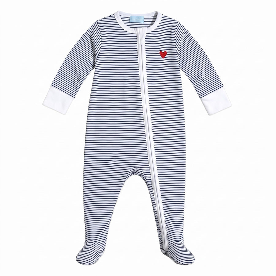Harbor Hearts Zip Baby Onesie Navy Stripe