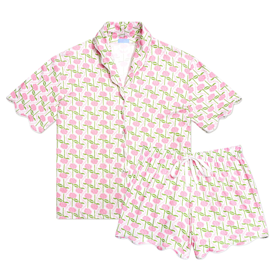 Pink Hydrangeas Women’s Button Polo Short Pajama Set