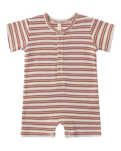 WAFFLE SNAP ROMPER NATURAL, RED STRIPE