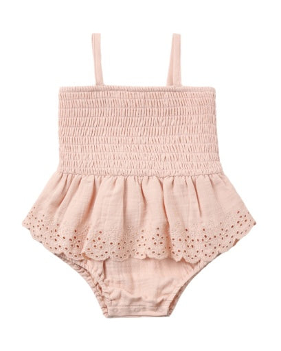 Smocked Skirted Romper Melon