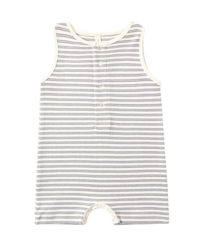 Quincy Mae Ribbed Henley Romper in Slate Blue Stripe