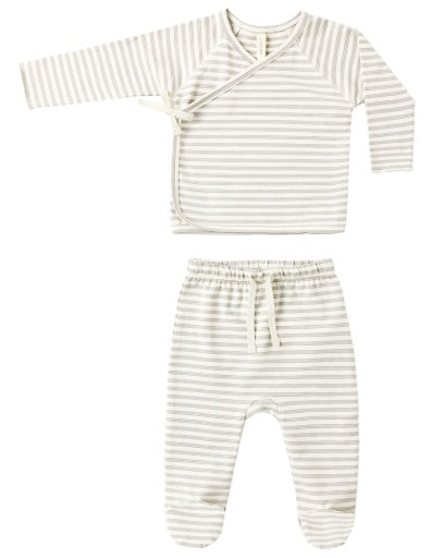 Quincy Mae Wrap Top + Footed Pant Set in Sage Stripe